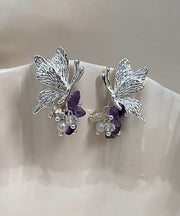 Fine Silk Sterling Silver Pearl Butterfly Tassel Stud Earrings