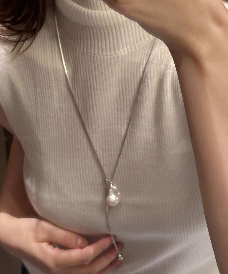 Fine Silk Sterling Silver Pearl Pull Type Pendant Necklace