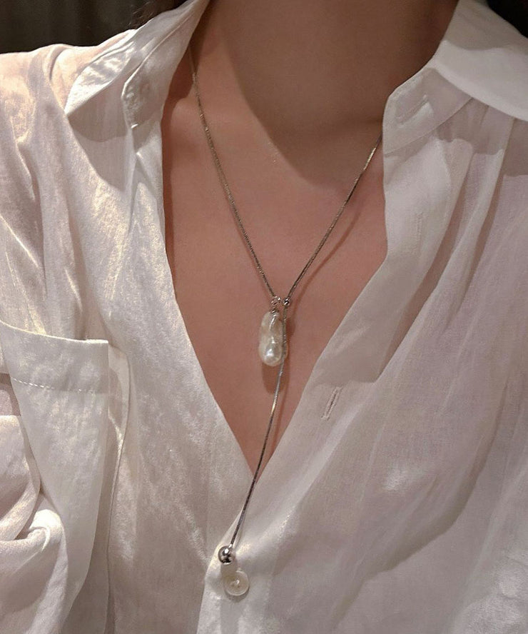 Fine Silk Sterling Silver Pearl Pull Type Pendant Necklace