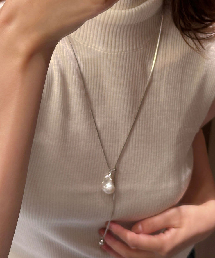 Fine Silk Sterling Silver Pearl Pull Type Pendant Necklace