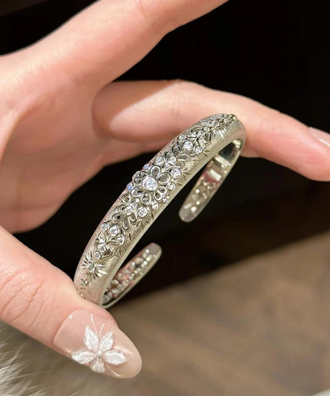 Fine Silk Sterling Silver Zircon Hollow Out Pattern Cuff