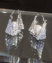 Fine Silk Sterling Silver Zircon Pearl Handbag Hoop Earrings