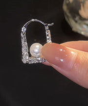 Fine Silk Sterling Silver Zircon Pearl Handbag Hoop Earrings