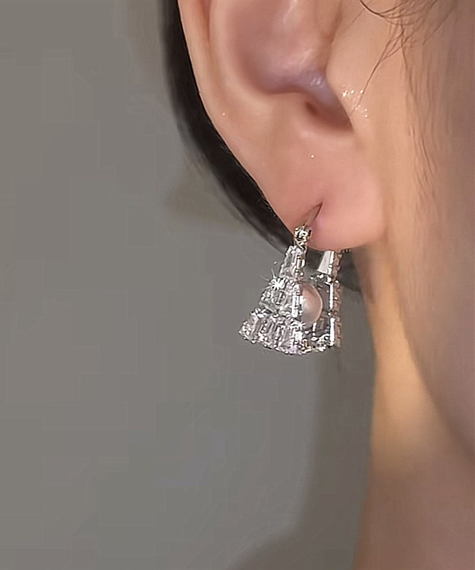 Fine Silk Sterling Silver Zircon Pearl Handbag Hoop Earrings