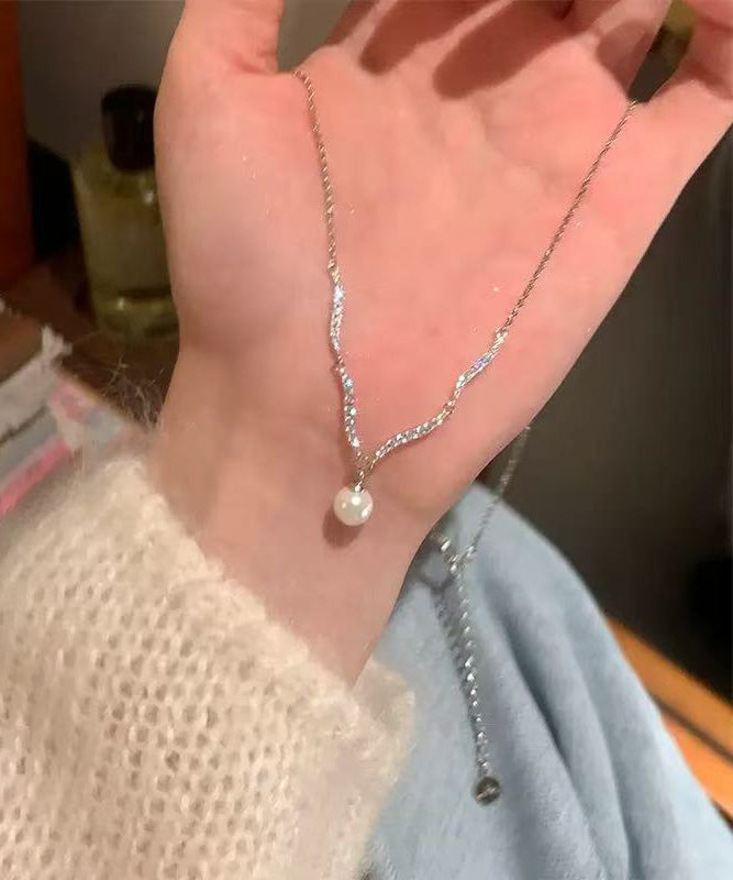 Fine Silk Sterling Silver Zircon Pearl Pendant Necklace