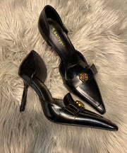 Fine Splicing Stiletto High Heels Black Sheepskin Pointed Toe