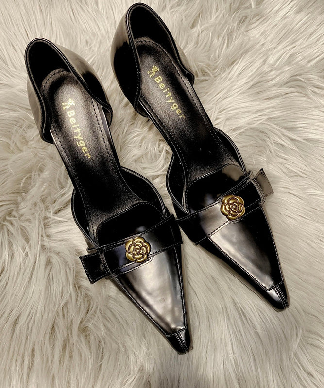 Fine Splicing Stiletto High Heels Black Sheepskin Pointed Toe