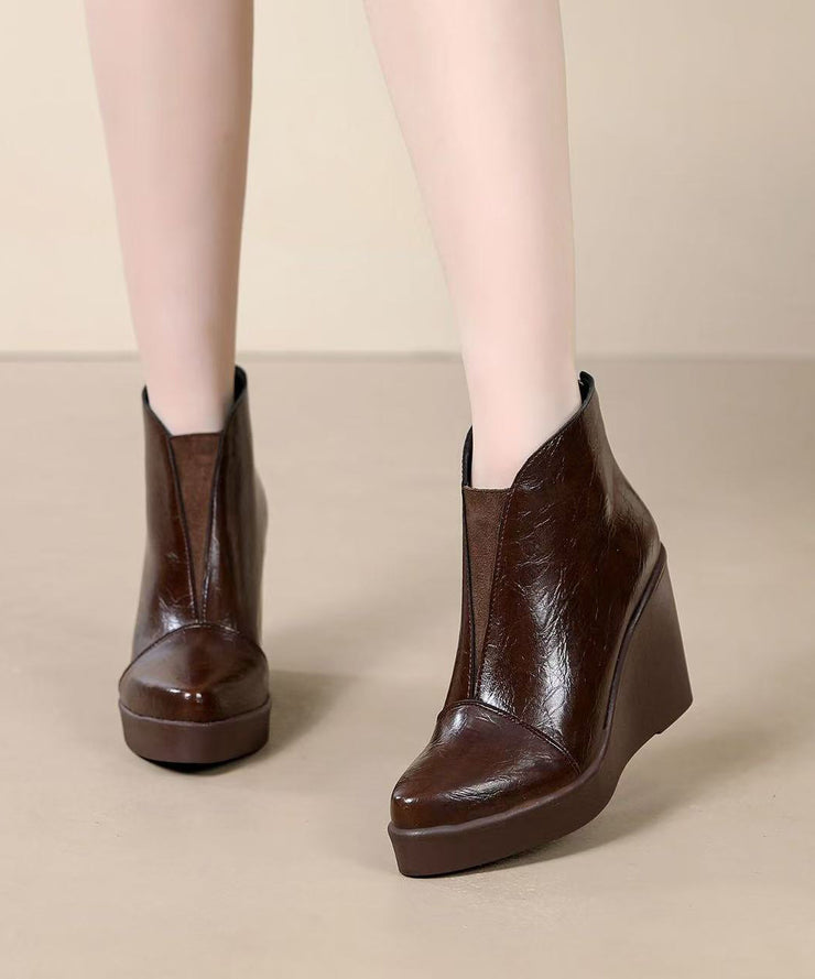 Fine Splicing Wedge Boots Brown Cowhide Leather