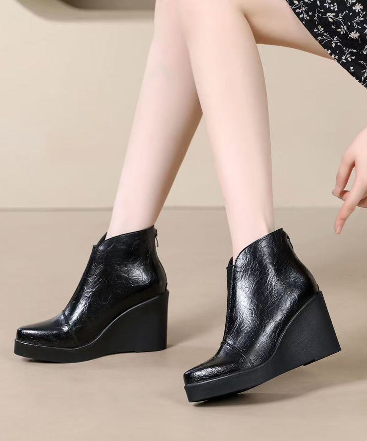 Fine Splicing Wedge Boots Brown Cowhide Leather