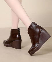Fine Splicing Wedge Boots Brown Cowhide Leather