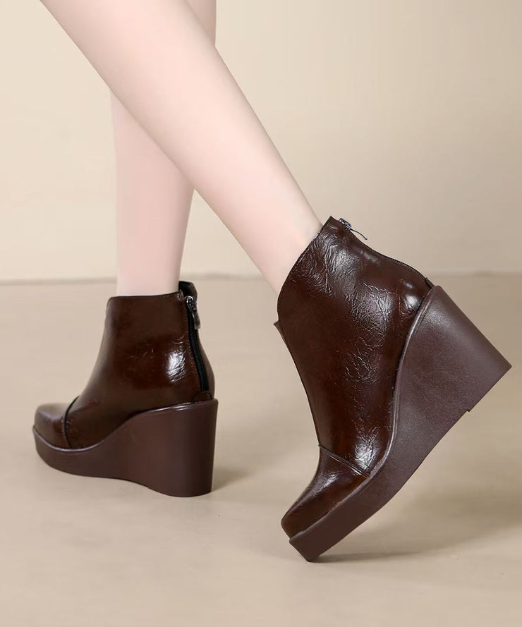 Fine Splicing Wedge Boots Brown Cowhide Leather