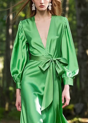 Fine Tea Green Tie Waist Patchwork Silk Vacation Dresses Spring