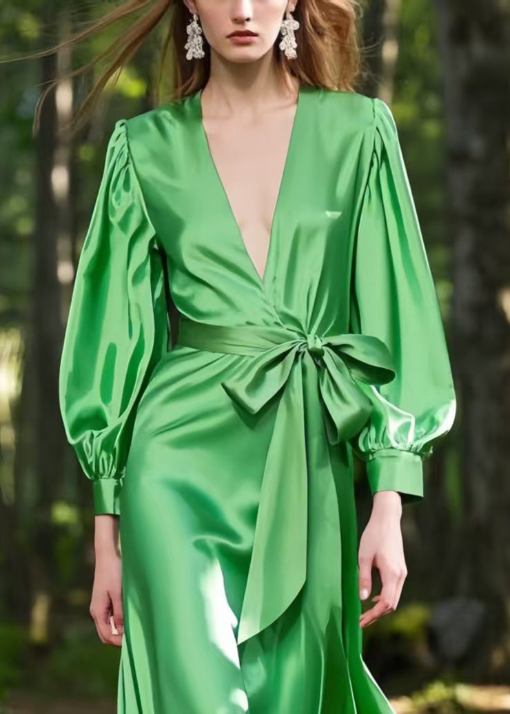 Fine Tea Green Tie Waist Patchwork Silk Vacation Dresses Spring