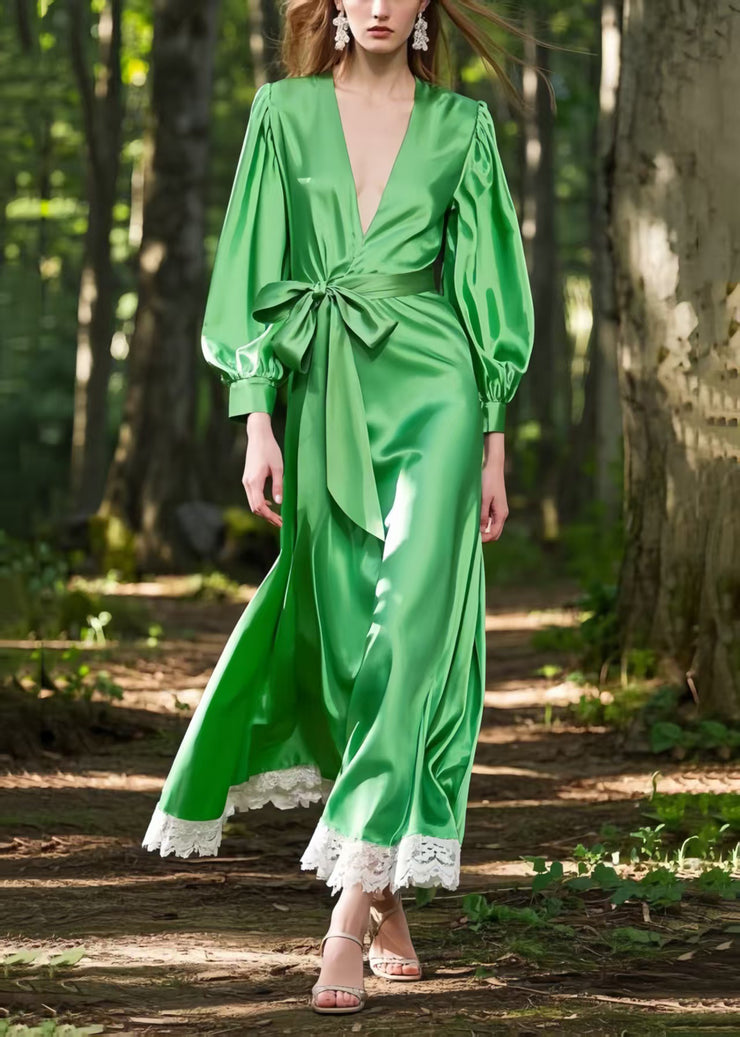 Fine Tea Green Tie Waist Patchwork Silk Vacation Dresses Spring