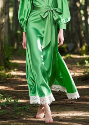 Fine Tea Green Tie Waist Patchwork Silk Vacation Dresses Spring