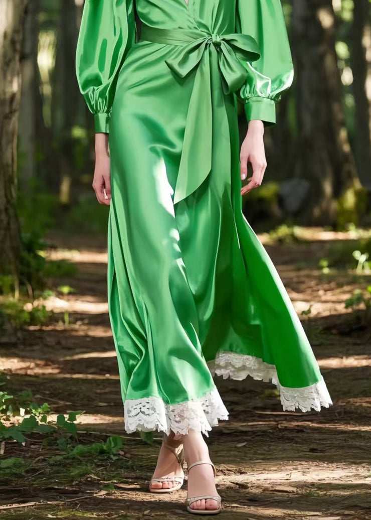 Fine Tea Green Tie Waist Patchwork Silk Vacation Dresses Spring