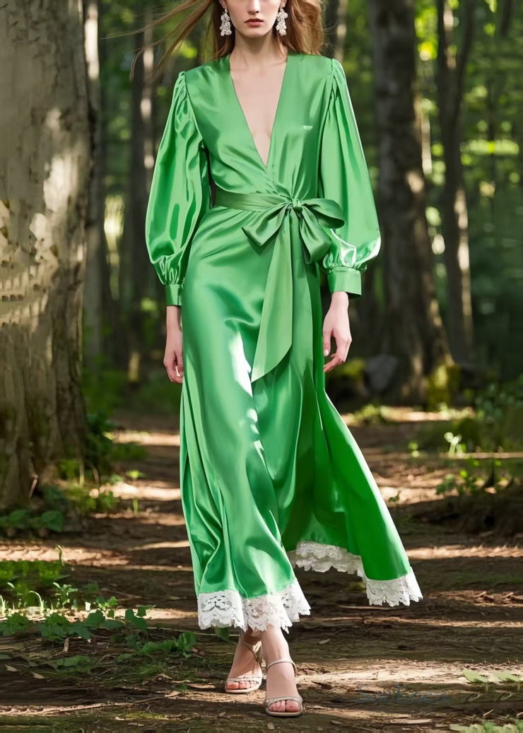 Fine Tea Green Tie Waist Patchwork Silk Vacation Dresses Spring