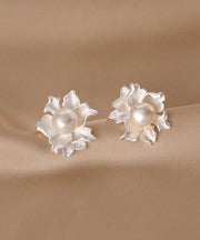 Fine White Alloy Asymmetrical Pearl Floral Stud Earrings