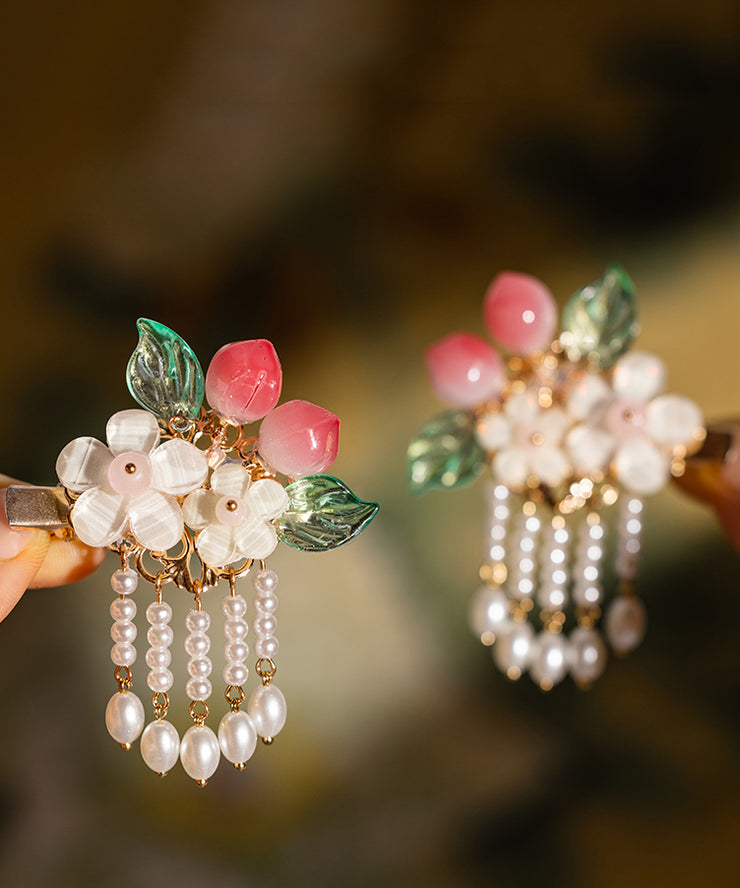 Fine White Alloy Pearl Resin Peach Tassel A Pair Hairpin