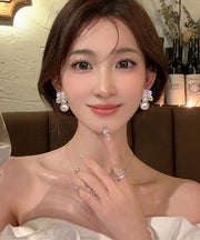 Fine White Alloy Zircon Pearl Snowflake Drop Earrings