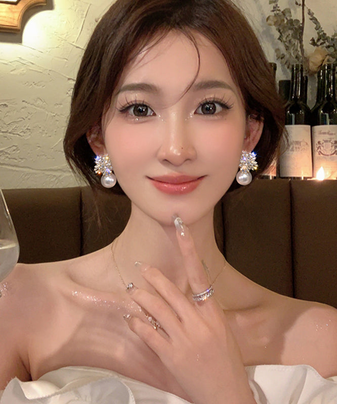 Fine White Alloy Zircon Pearl Snowflake Drop Earrings