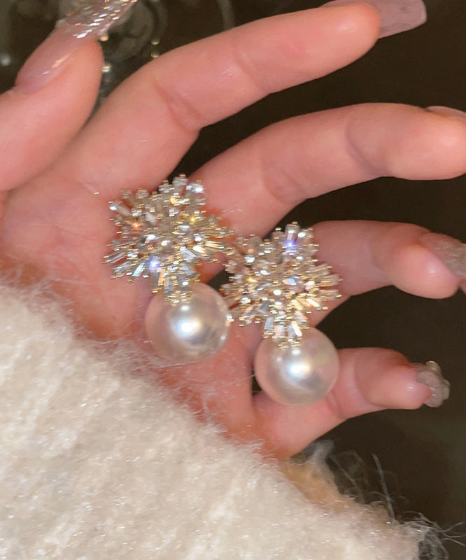 Fine White Alloy Zircon Pearl Snowflake Drop Earrings