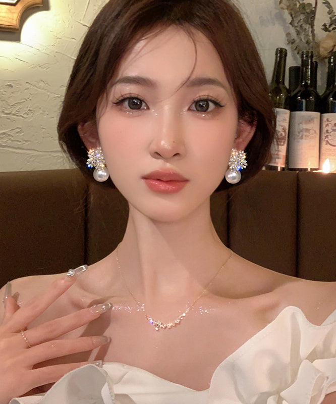 Fine White Alloy Zircon Pearl Snowflake Drop Earrings