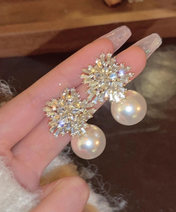 Fine White Alloy Zircon Pearl Snowflake Drop Earrings