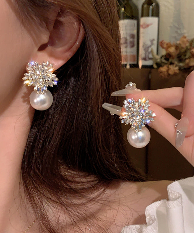 Fine White Alloy Zircon Pearl Snowflake Drop Earrings