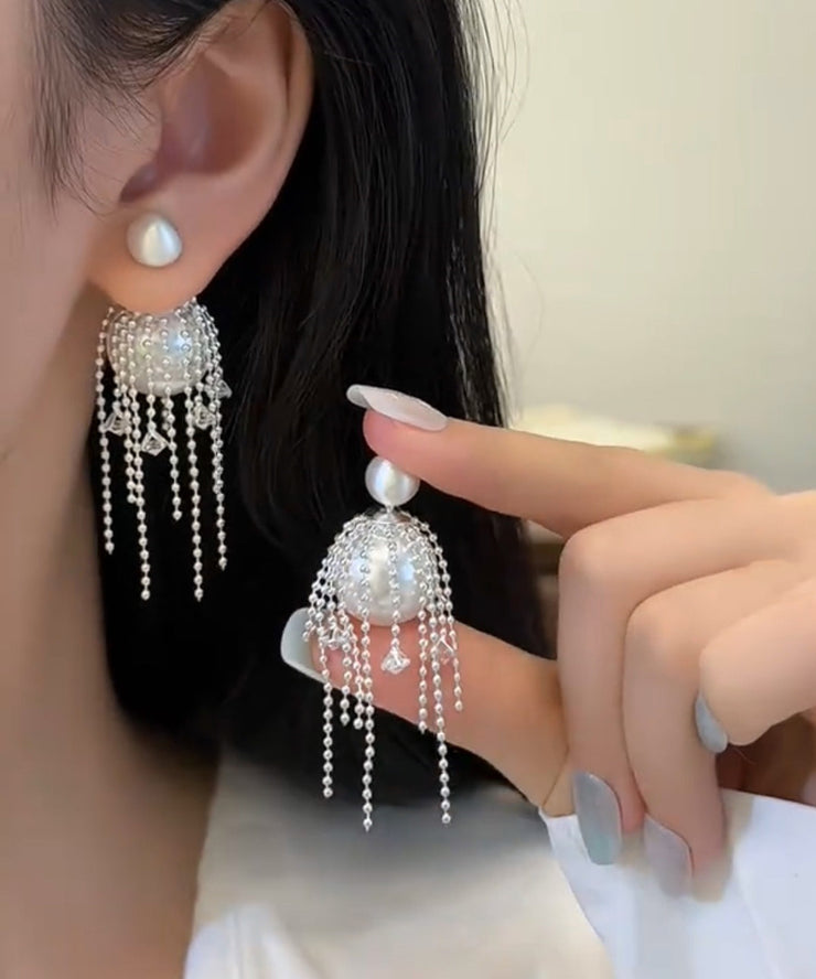 Fine White Alloy Zircon Pearl Tassel Drop Earrings