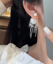 Fine White Alloy Zircon Pearl Tassel Drop Earrings