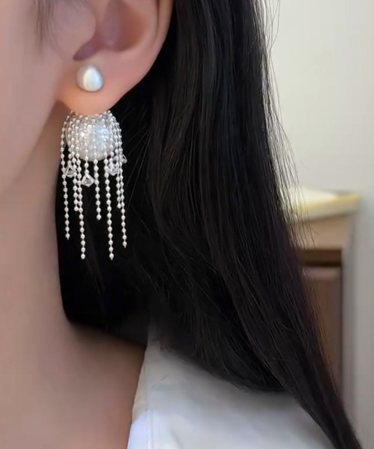 Fine White Alloy Zircon Pearl Tassel Drop Earrings