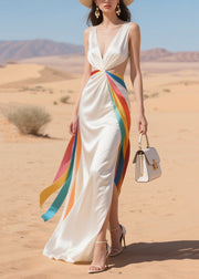 Fine White Backless Patchwork Multicolour Ribbon Silk Party Dress Summer