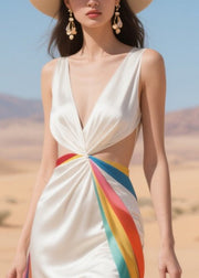 Fine White Backless Patchwork Multicolour Ribbon Silk Party Dress Summer