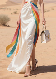 Fine White Backless Patchwork Multicolour Ribbon Silk Party Dress Summer