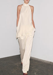 Fine White Backless Side Open Tops And Pants Silk Two Pieces Set Sleeveless