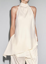 Fine White Backless Side Open Tops And Pants Silk Two Pieces Set Sleeveless