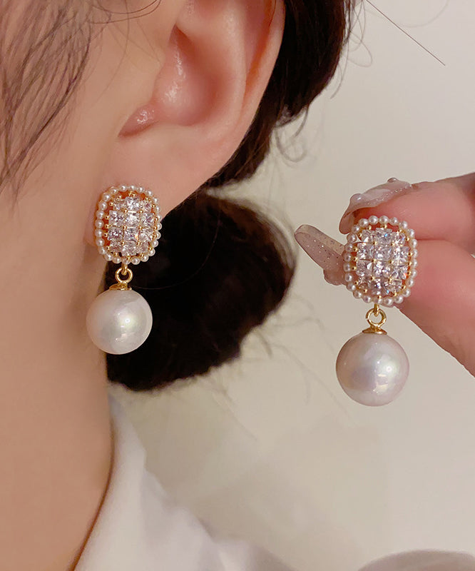 Fine White Copper Overgild Zircon Pearl Drop Earrings