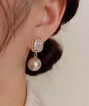 Fine White Copper Overgild Zircon Pearl Drop Earrings