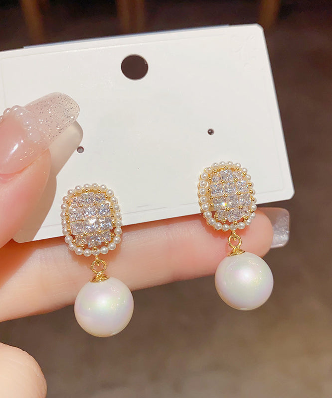 Fine White Copper Overgild Zircon Pearl Drop Earrings