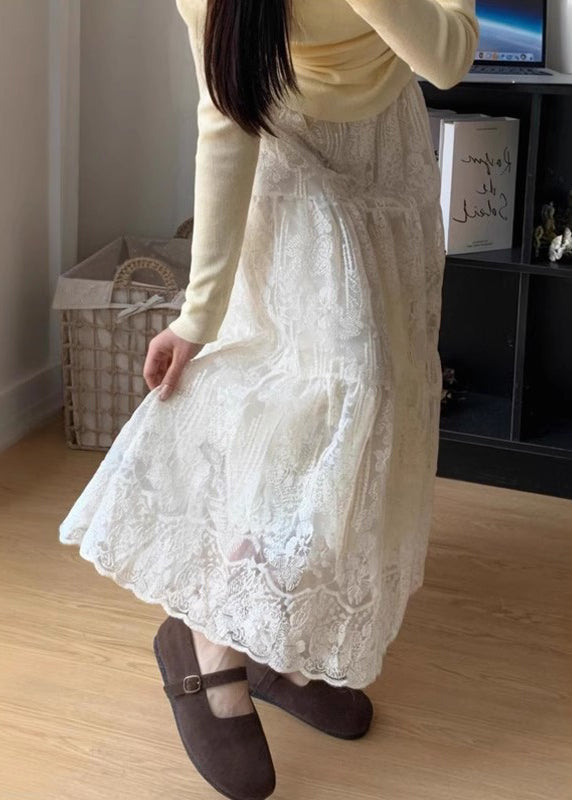 Fine White Embroidered Exra Large Hem Lace Skirts Fall