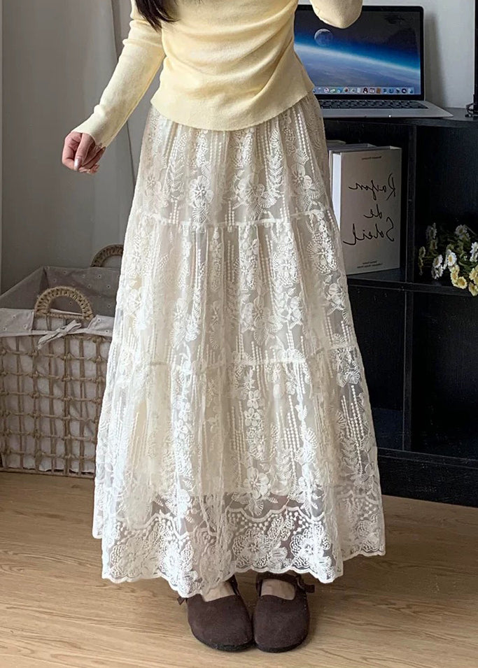 Fine White Embroidered Exra Large Hem Lace Skirts Fall