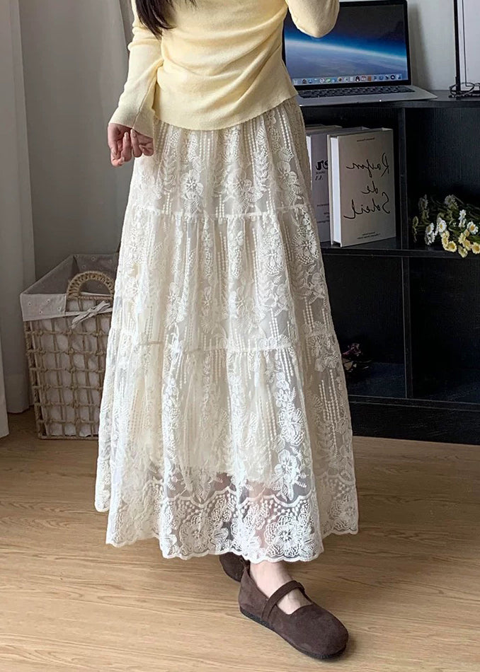 Fine White Embroidered Exra Large Hem Lace Skirts Fall