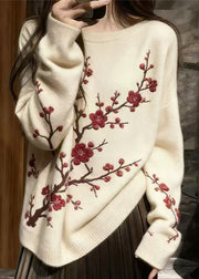 Fine White Embroidered Plum Blossom Knit Short Sweater Winter
