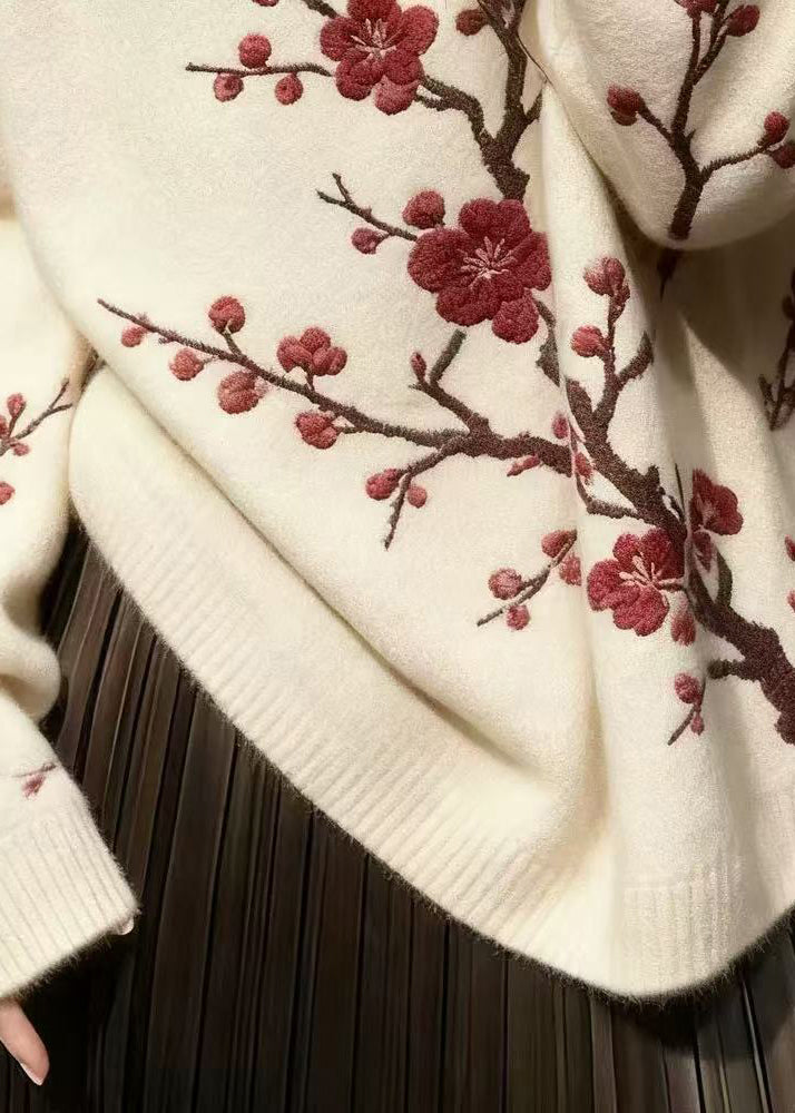 Fine White Embroidered Plum Blossom Knit Short Sweater Winter
