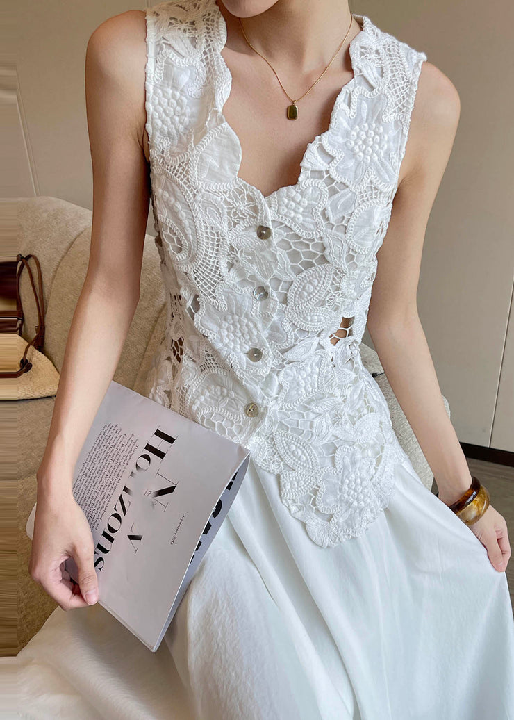 Fine White Embroideried Hollow Out Lace Beach Vest Summer