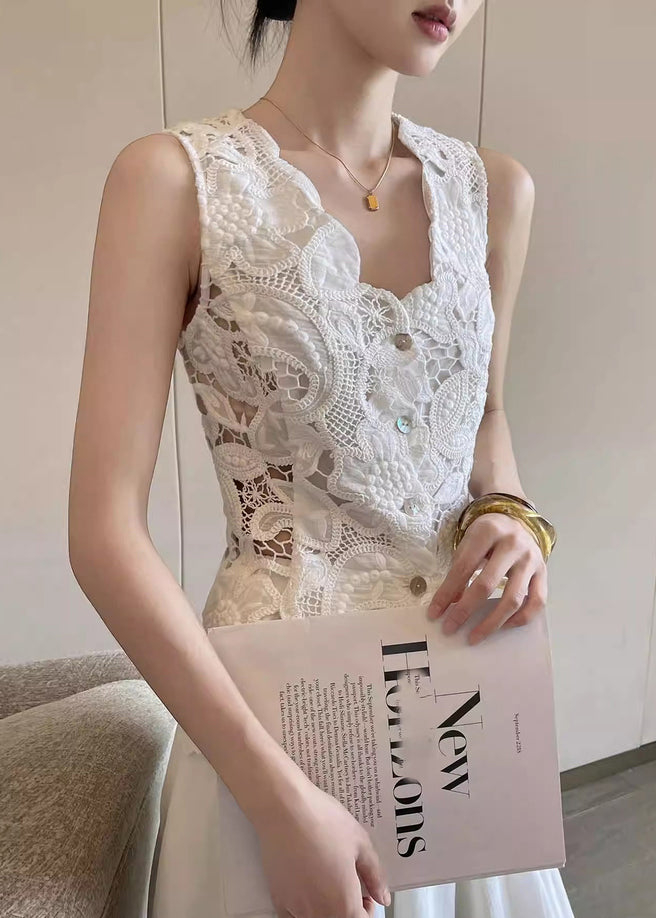 Fine White Embroideried Hollow Out Lace Beach Vest Summer
