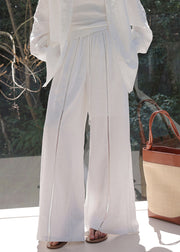 Fine White Hollow Out Drawstring Linen Wide Leg Pants Summer