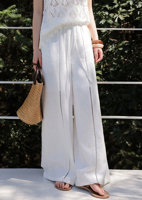Fine White Hollow Out Drawstring Linen Wide Leg Pants Summer