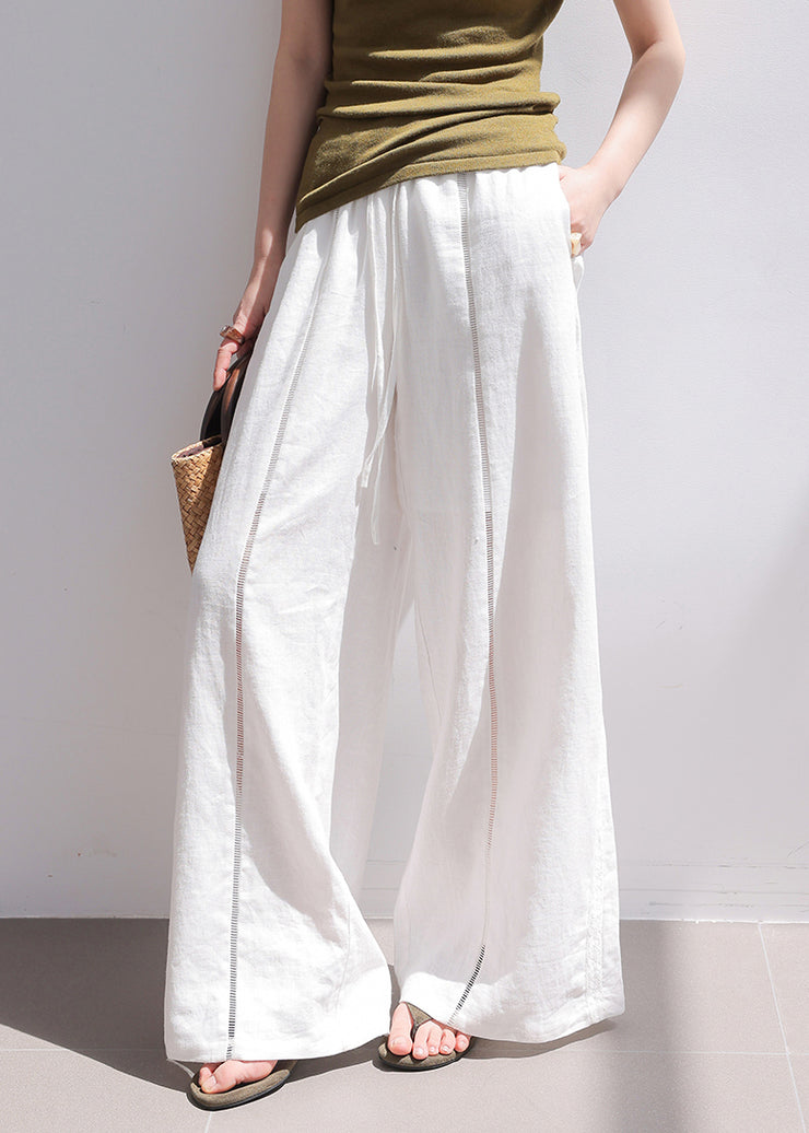 Fine White Hollow Out Drawstring Linen Wide Leg Pants Summer